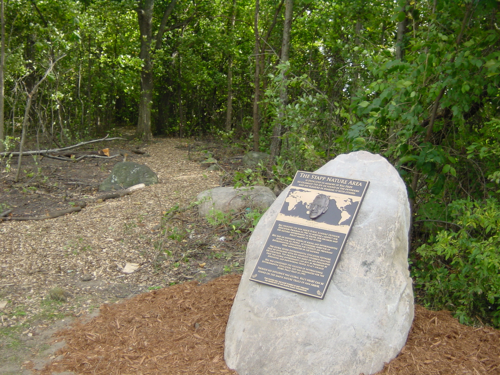 Photo of Memorial Plaque for William B. Stapp, placed at the entrance to Stapp Nature Area