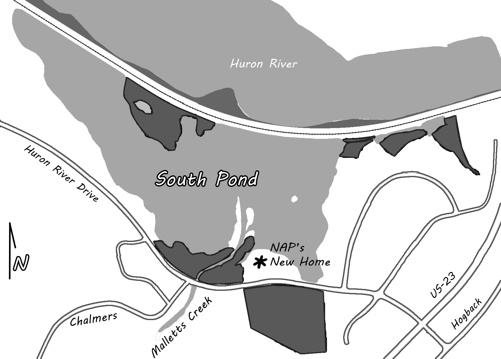 Map of South Pond Nature Area and surrounding areas.