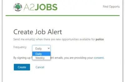 Image of the A2 Jobs Create job alerts screen