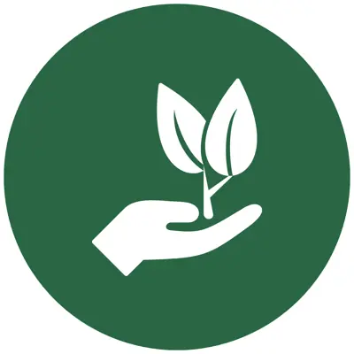 A green icon depicting a hand holding a sprouting plant, intended to convey the idea of environmental stewardship.