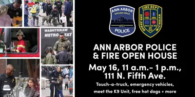 Flyer promoting an event with image collage of police and fire related activities and interactions with the public