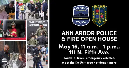 Flyer promoting an event with image collage of police and fire related activities and interactions with the public