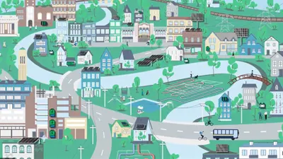 Animated town to represent Ann Arbor showing a curving street, homes and businesses with rooftop solar, a river, and coils on the ground to represent geothermal