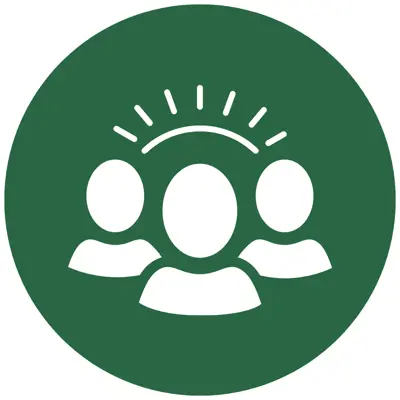 A green icon of three figures with decorative lines above them depicting the idea of equity.