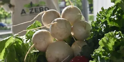 Vegetables piled on a farmers market display, with a woman standing in the background.