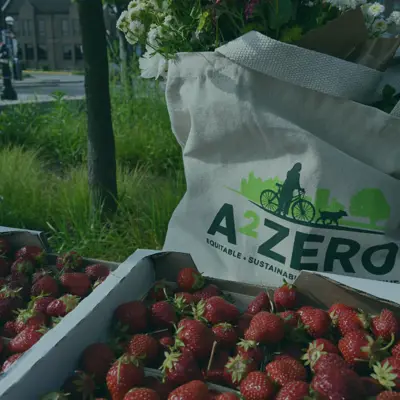 A reusable bag filled with flowers and produce sits behind two full boxes of red strawberries.
