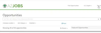 A2 Jobs Opportunities website banner with sign-in link showing in upper right of image