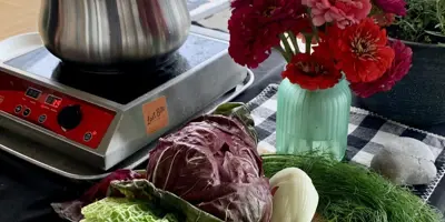 Table with electric stove, pan, and a variety of vegetables and flowers, including cabbage, garlic, fennel, and onions.