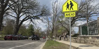 Tree-lined street with a bike lane and a yellow pedestrian crosswalk ahead sign on the right side of the street and a blue sky above