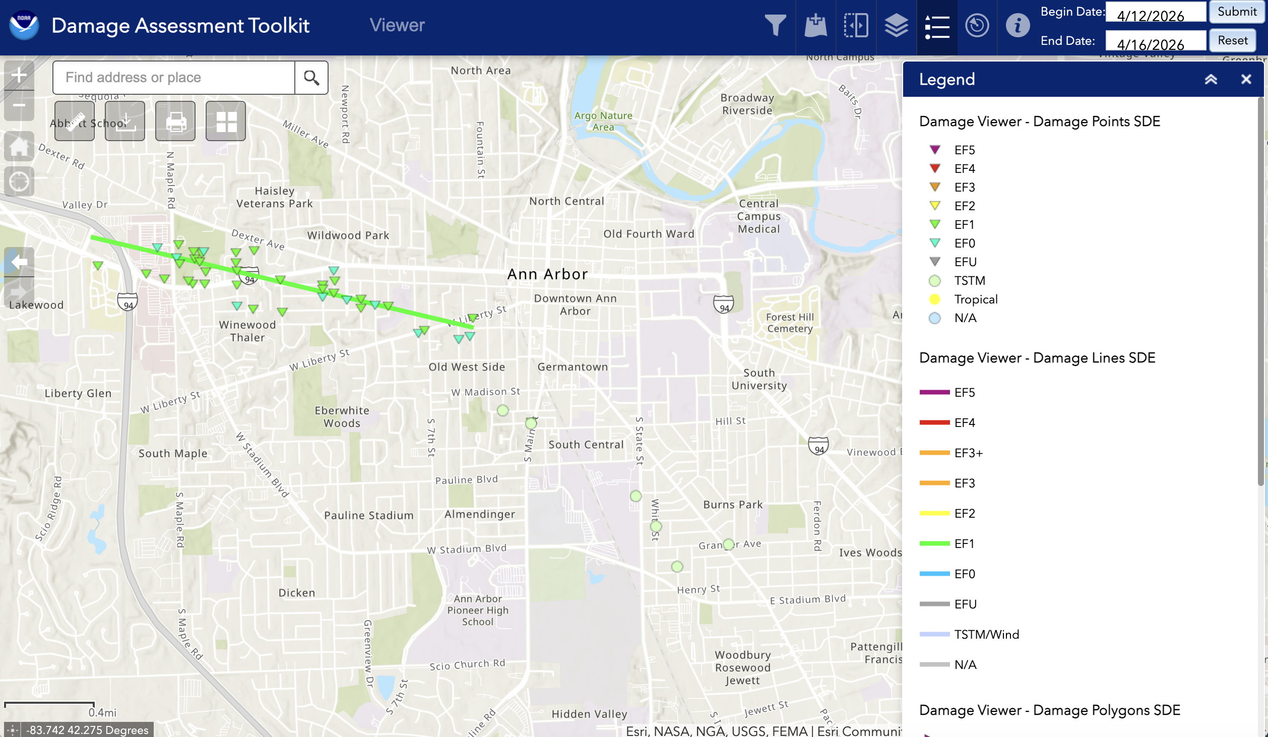 A map of Ann Arbor showing the path of the April 15, 2026, tornado.