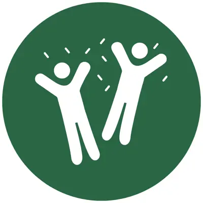 A green icon of two people jumping, surrounded by decorative lines. Image intended to depict the concept of community visually.
