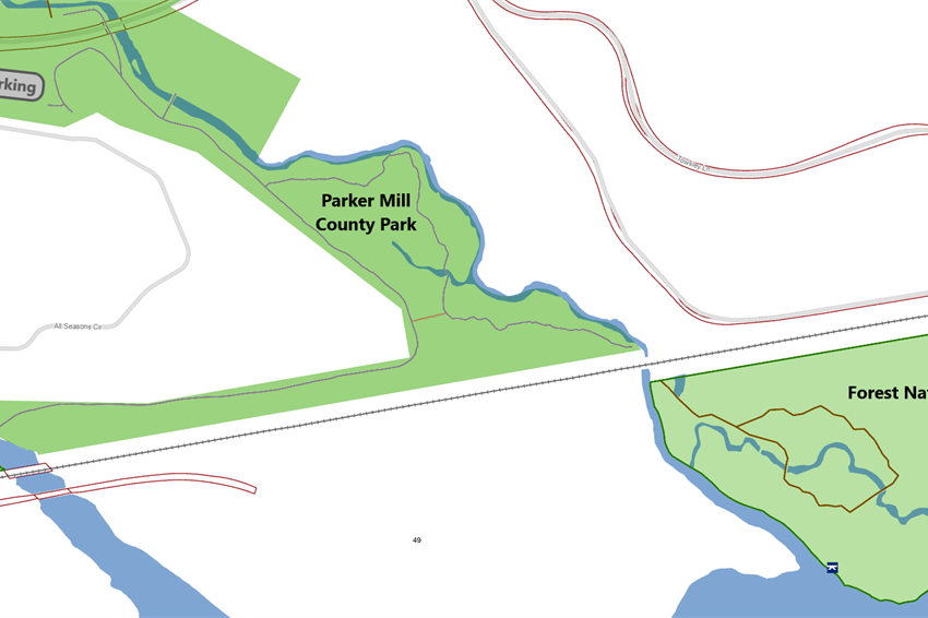 Map of the trail that connects Parker Mill and Gallup Park