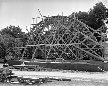 Black and white photo of the Band Shell partially completed