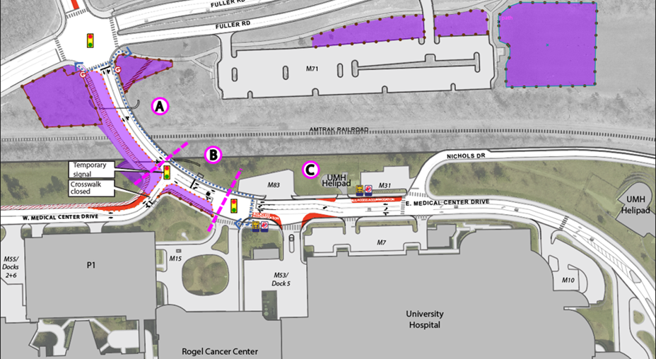 Map of planned work on East Medical Center Drive
